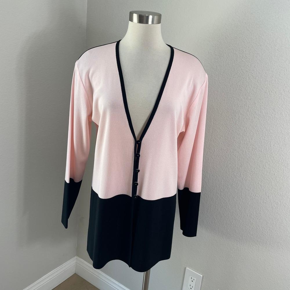 Exclusive Misook Womens Medium Cardigan Pink Black Colorblock Button Up Knit